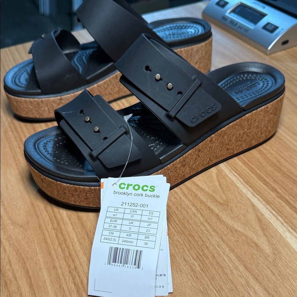 CROCS Women's Black Cork Wedge Sandals